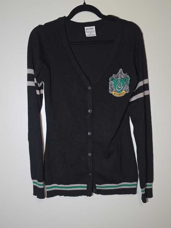 Warner Bros. Sweaters - Warner Bros. Black Slytherin Crest Button Cardigan with Green & Silver Trim